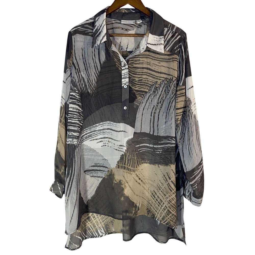 Susan Graver Sheer Chiffon Tunic 18W Gray Abstract Print Pullover Blouse
